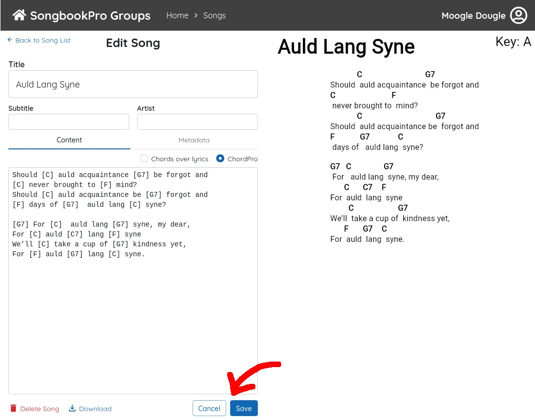 The song metadata is displayed. The buttons 'Cancel' and 'Save' are highlighted.