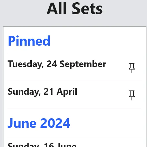 A setlist pinned to the top of the list.